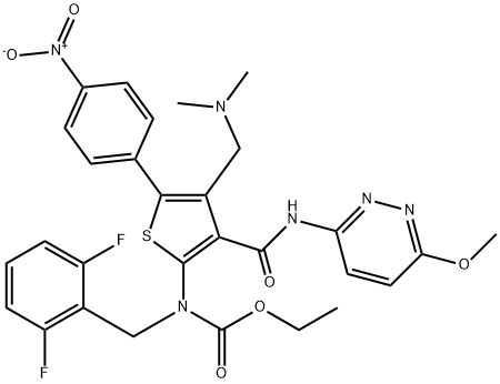 Acido carbammico, N-[(2,6-difluorofenil)metil]-N-[4-[(dimetilammino)metil]-3-[[(6-metossi-3-piridazinil)ammino]carbonil]-5-(4 -nitrofenil)-2-tienil]-, estere etilico